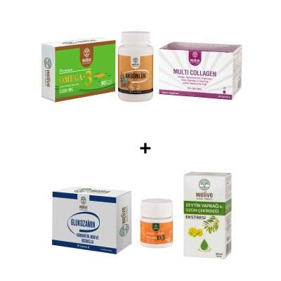 WELİVE MULTİ KOLAJEN, AKÜNLÜK & OMEGA 3 SOFTGEL ALANA GLUKOZAMİN, D3 TABLET & ZEYTİN YAPRAĞI EKSTRESİ HEDİYE